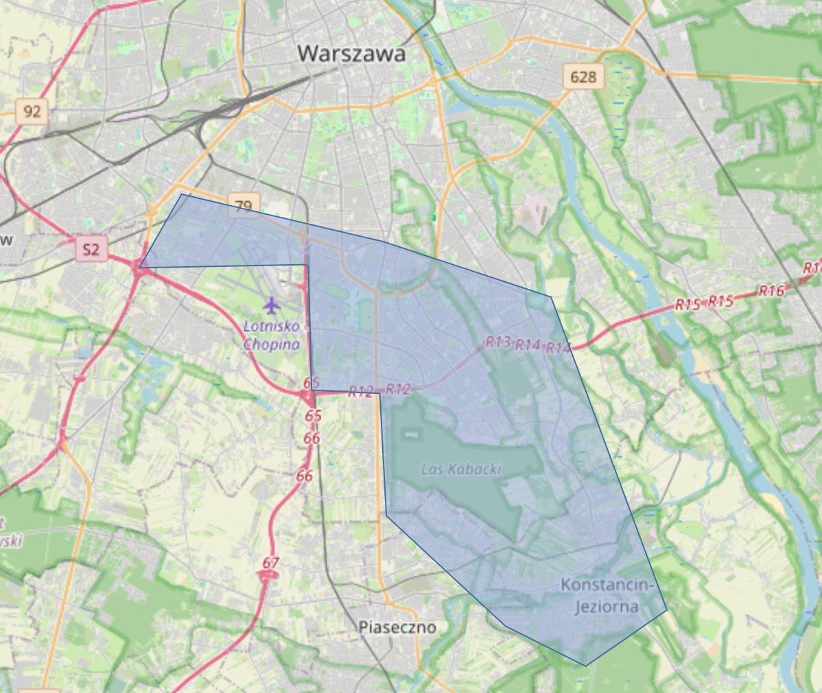 Mapa obszaru dojazdu na lekcje angielskiego w południowej Warszawie: Ursynów, Mokotów, Wilanów i okolice